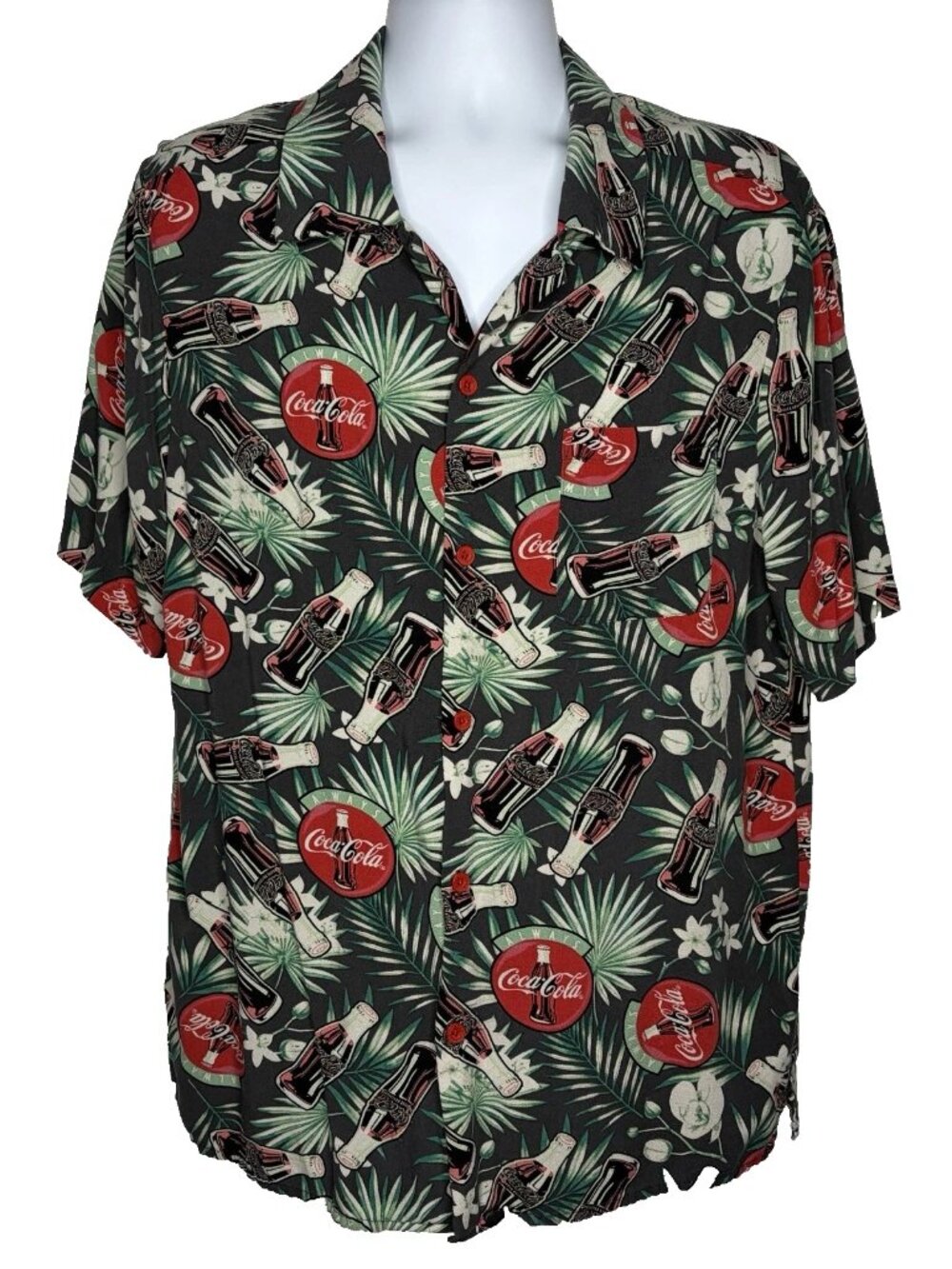 Coca Cola Button Up Hawaiian Shirt Size L Gray Palm Floral Flowers Coke Bottles